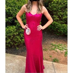 B.Darlin Dress Pink Magenta Sequined Prom Formal Gown Maxi Slit Juniors Sz 3/4
